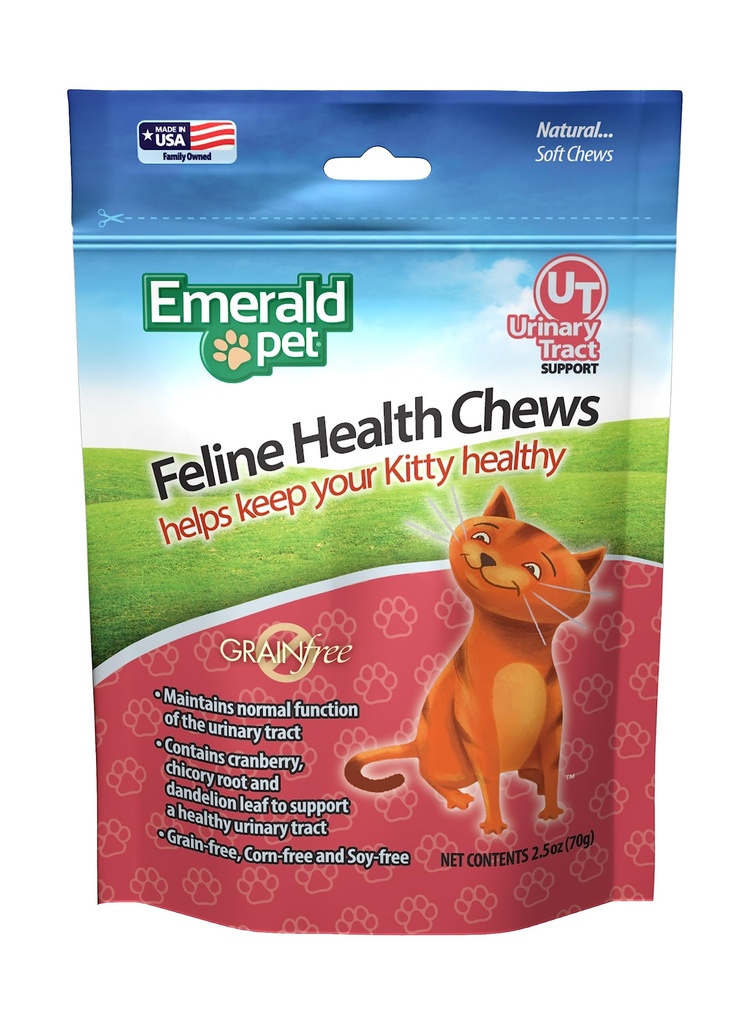 Emerald Pet Feline Health Chews UT Support – Naturalj Free Urinary Tract Health Cat Chews – Cat Urinary Supplements with Cranberry, Chicory Root, and Dandelion Leaf Extract - Made in USA, 2.5 oz