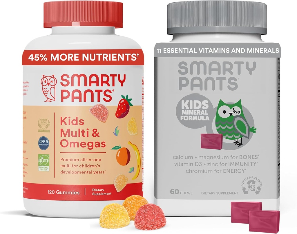 SmartyPants Kids Multivitamin Gummies & Kids Mineral Chews: Omega 3 Fish Oil (EPA/DHA) ve Multimineral ile Magnezyum Citrate & Food, 30 Günlük Supply Her Şey