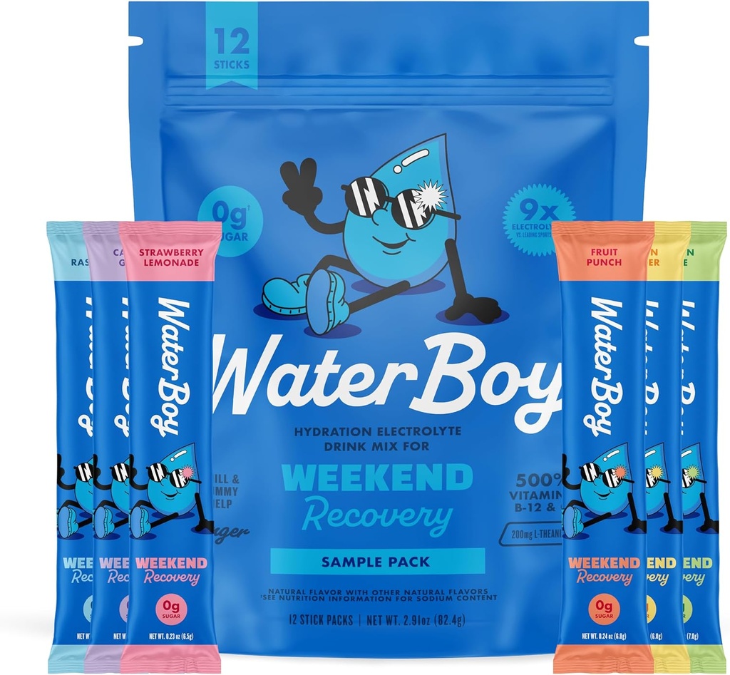 Waterboy Weekend Recovery Örnek Paketi | 3,200 mg Electrolyte Toz Paketleri | Ginger + L-Theanine + Vitaminler | No Sugar, All Natural, Gluten Free | 12 Iklim Mixes (Sample Pack)