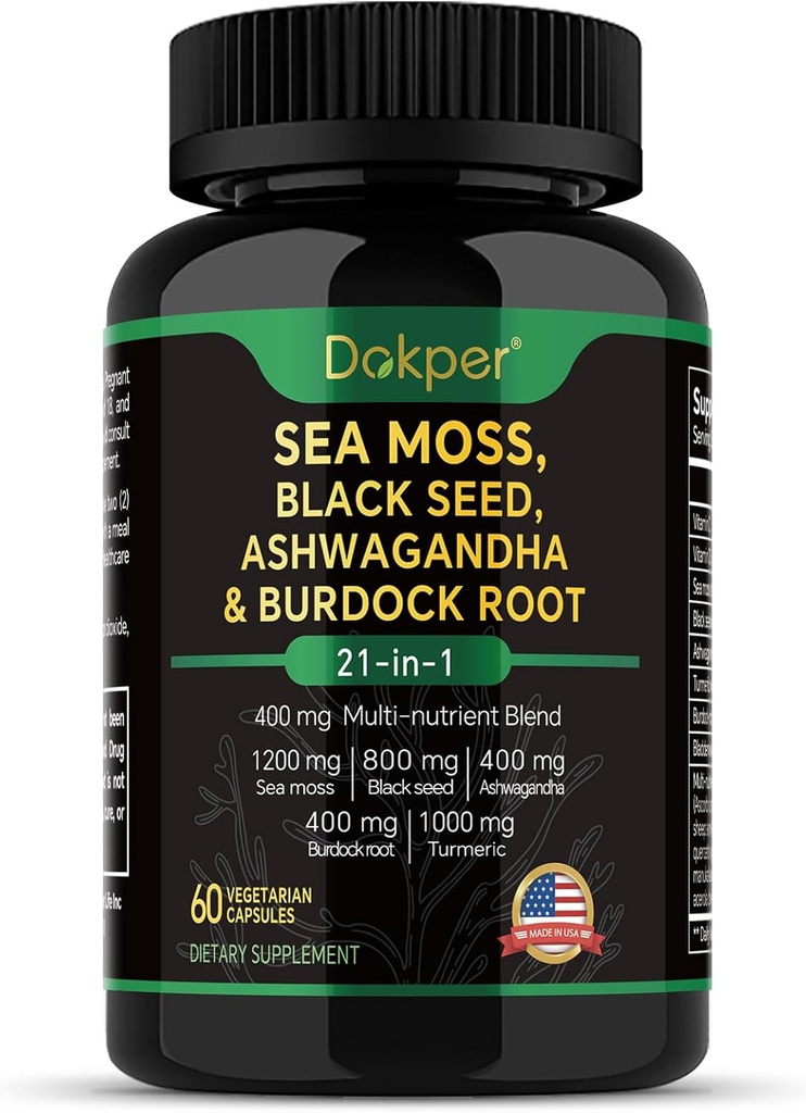 Sea Moss, Ashwagandha, Black Seed Oil Supplement, C & D3 Turmeric, Bladderwrack & Burdock Root, Natural Herbal Support for Men & Women 60 Capsules, Dietary Supplements, Pack of 1