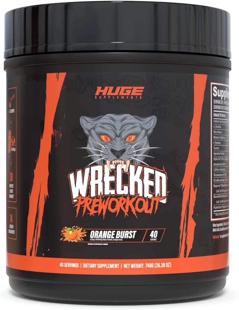 Τεράστια Συμπληρώματα Wrecked Pre-Workout, Advanced Formula, Boosts Energy, Focus, Αντλίες & Απόδοση, 10g L-Citrulline, 6.4g Beta Alanine, 5g Tyrosine, 1g Alpha GPC, 375mg Fast-Active Caffeine & More