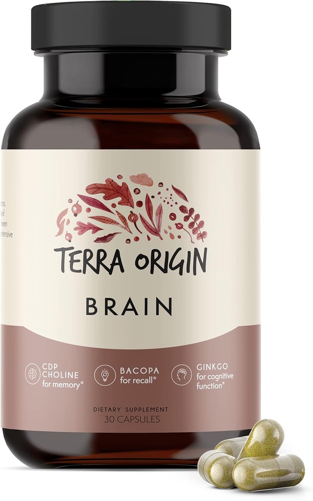 Terra Origin, Healthy Brain Supplement, Κάψουλες, 30 εξυπηρετούν, με CDP Choline, Ginkgo Biloba Extract, και Bacopa - για υγιή μυαλό, βελτιώνει τη μνήμη, ανάκληση και λειτουργία