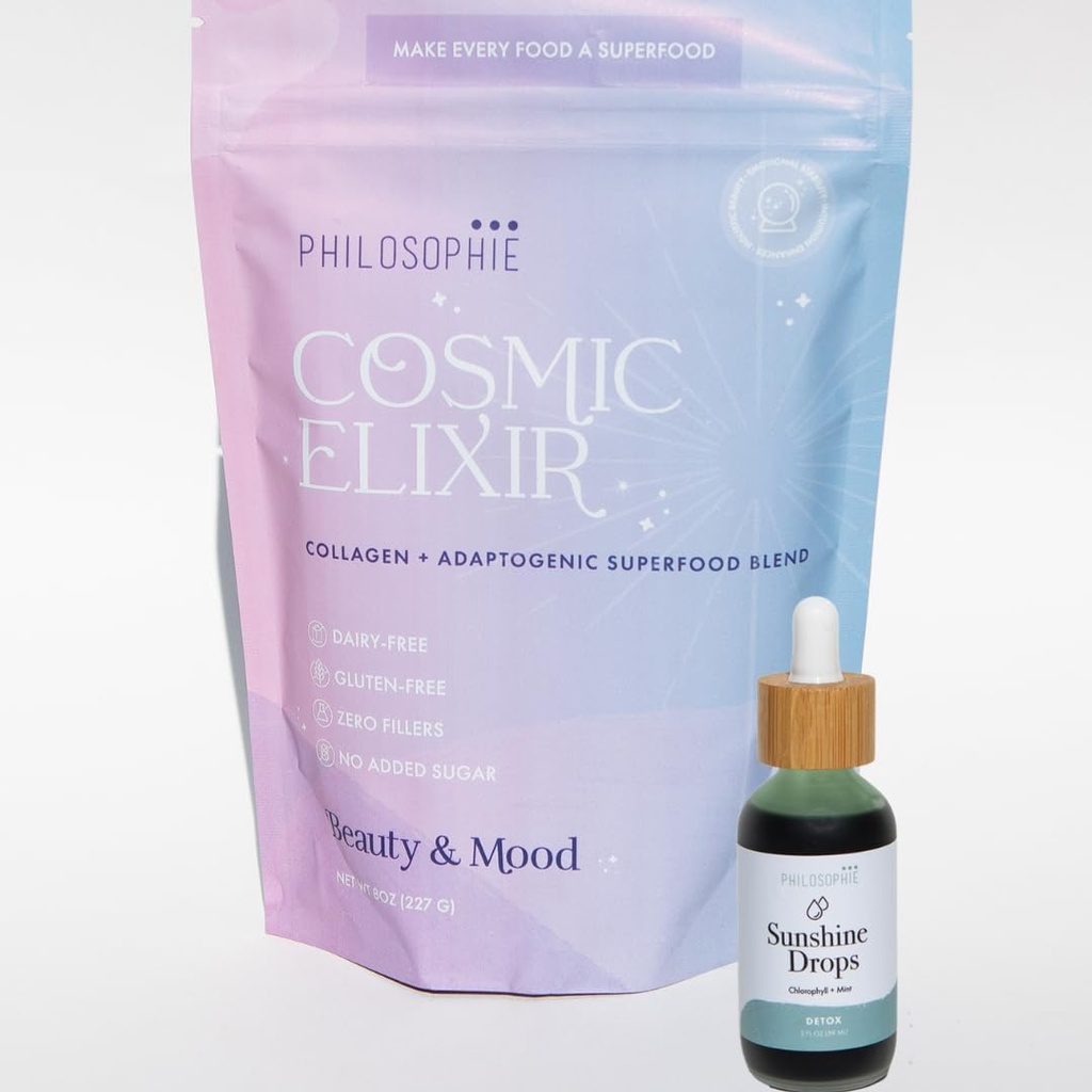 Philosophie Sunshine Drops & Cosmic Elixir Bundle - Υγρή χλωροφύλλη & Superfood Powder Blend - Όλα φυσικά φυτά με βάση 2 συσκευασίες