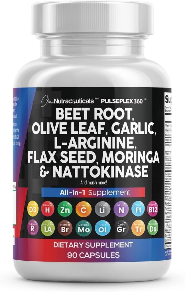 Temiz Nutraceuticals Beet Root Capsules Olive Leaf Nattokinase Garlic Extract L-Arginine Omega 3 Red Yeast Rice Hibiscus Danshen - Sağlıklı Destek Tamam - 90 Ct