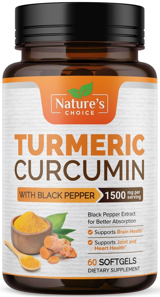 Turmeric Curcumin Supplement 1500mg - BioPerine Black Pepper Extract Advanced Abvorvation Curcuminoids for Nature's Joint Support - Antioxidant Herbal Supplement for Women & Men, Non-GMO - 60 Softgels