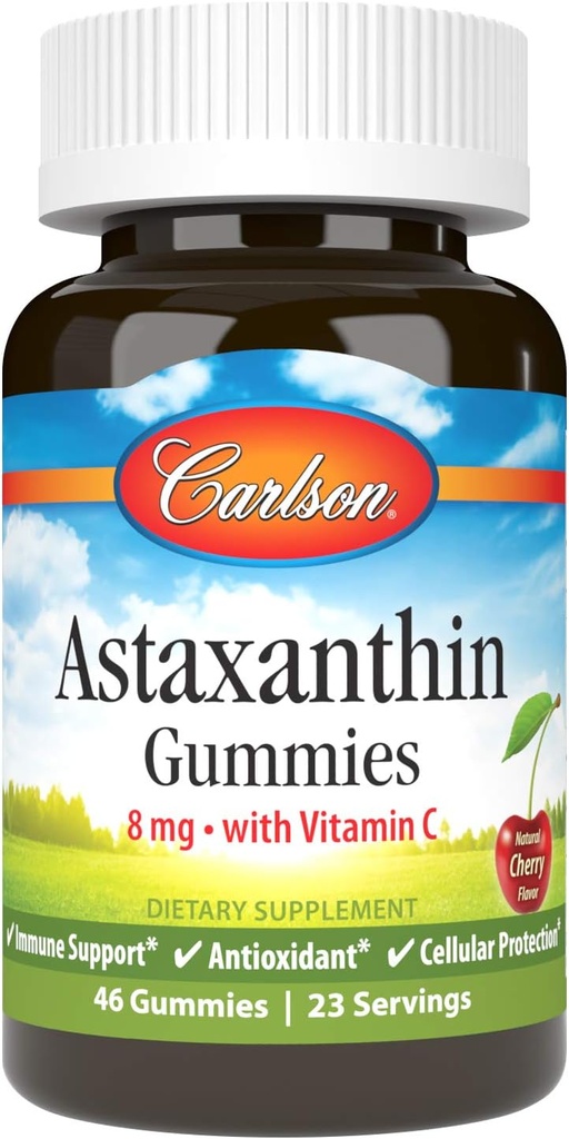 Carlson - Ασταξανθίνη Gummies, με Βιταμίνη C, Ανοσολογική Υποστήριξη, Αντιοξειδωτικό, Υγεία της Καρδιάς, Μη ΓΤΟ, Γεύσεις κερασιού, 46 Χορτοφαγικές Gummies