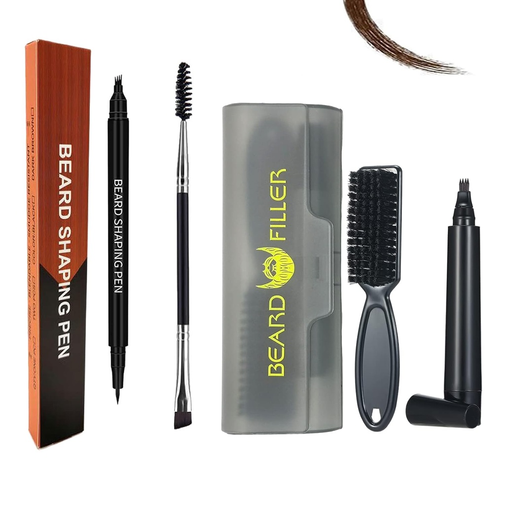 Beard Pencil Filler for Men, Hysotok Beard Pen Beard Filling Pen Kit, WaterProof Sweat Proof Long Lasting Beard Filler Pen, Double Ends Beard Brush for Men Mustache Repair Shape (dark brown)