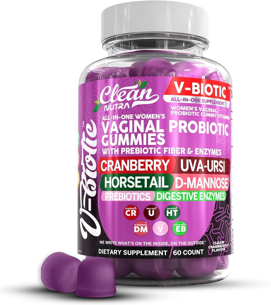 Kadınlar için Temiz Nutraceuticals Vaginal Probiyotikler, Cranberry, Uva Ursi, Attail, D-Mannose, Prebiyotiks & Digestive Enzymes, Vaginal Health Supplement for pH Balance Flora Odor VBiotic