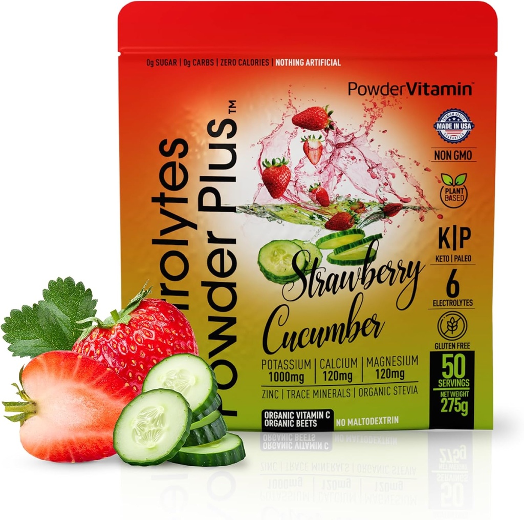 Elektrolytes Toz Plus (50 Hizmetler), 0 Calorie Keto, 0 Sugar, No Maltodextrin,1000 mg Pyum,120 mgdis,120 mg Magnezyum, Hydration Toz (50 Hizmet, Strawberry Cucumber)