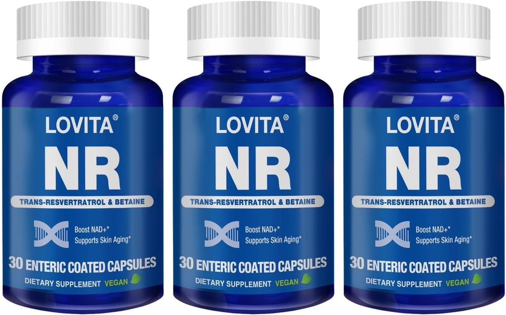 Lovita NR (Nicotinamid Riboside) 350 mg, Trans-Resveratrol ve Betaine ile NAD Supplement, NAD Plus Seviyeleri, Sağlıklı Ağlama, 30 Vegan Giric-Coated Capsules (Pack of 3)