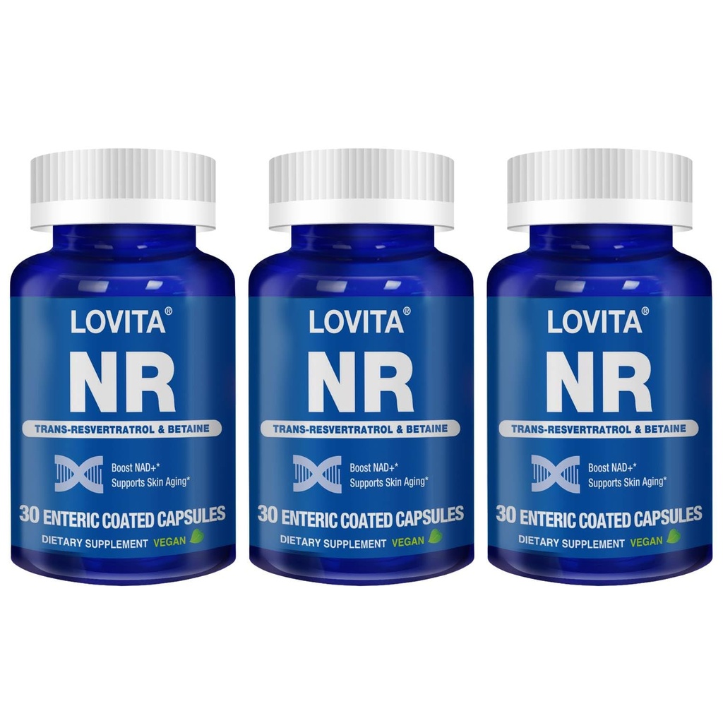 Lovita NR (Nicotinamid Riboside) 350 mg, Trans-Resveratrol ve Betaine ile NAD Supplement, NAD Plus Seviyeleri, Sağlıklı Ağlama, 30 Vegan Giric-Coated Capsules (Pack of 3)