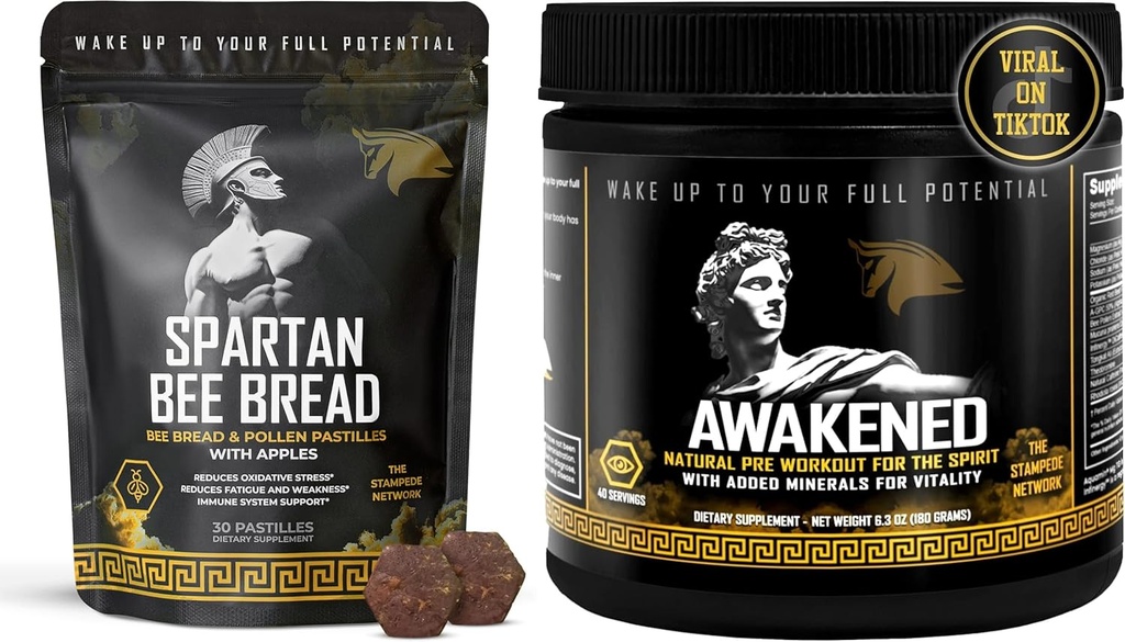 Stampede Network Awakened Natural Pre Workout Toz & Spartan Bee Bread Chewables Natural Multivitamin Sche