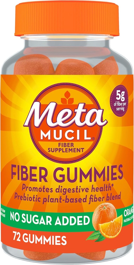 Metamucil Fiber Gummies για ενήλικες, Χωρίς ζάχαρη Προστέθηκε Πορτοκαλί Γεύση, 5g Plant Based Prebiotic Fiber Supplement Blend, 72 Count