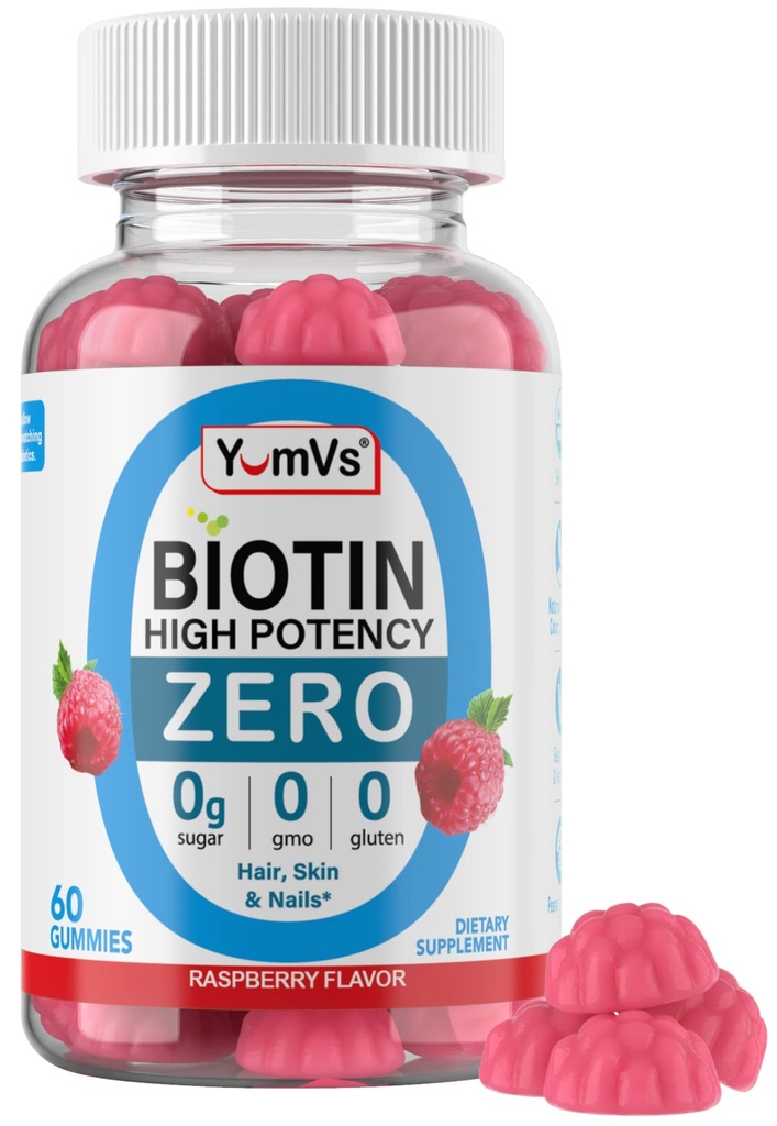 Biotin Gummies Sugar Free – 5.000 mcg Υψηλής ισχύος βιοτίνη για τα μαλλιά, δέρμα & νύχια – Zero Ζάχαρη, μη-GMO, Χωρίς γλουτένη, Vegan Raspberry Gummies – 60 Count