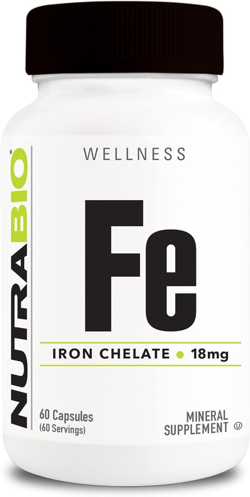 NutraBio Iron Chelate (18mg)- Iron Supplements for Men and Women- Ferrous Bisglycinate Chelate, Supports Red Blood Cell Health, 60 Capsules