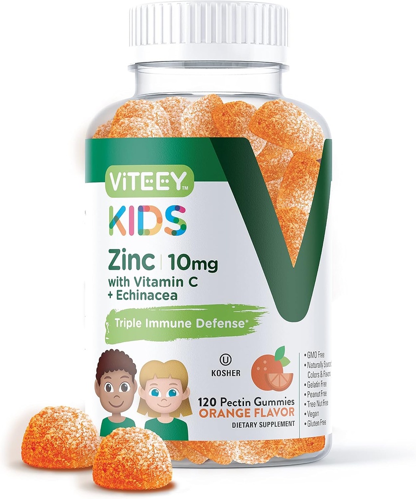 Viteey Zinc for Kids Gummies 10mg, με βιταμίνη C & Echinacea - Ανοσολογική Υποστήριξη, Ισχυρό Φυσικό Αντιοξειδωτικό, Παιδικό Συμπλήρωμα Βιταμίνης Ψευδάργυρου - Vegan, Ζελατίνη Δωρεάν - Νόστιμο Μασώμενα Gummy Πορτοκαλί Γεύση