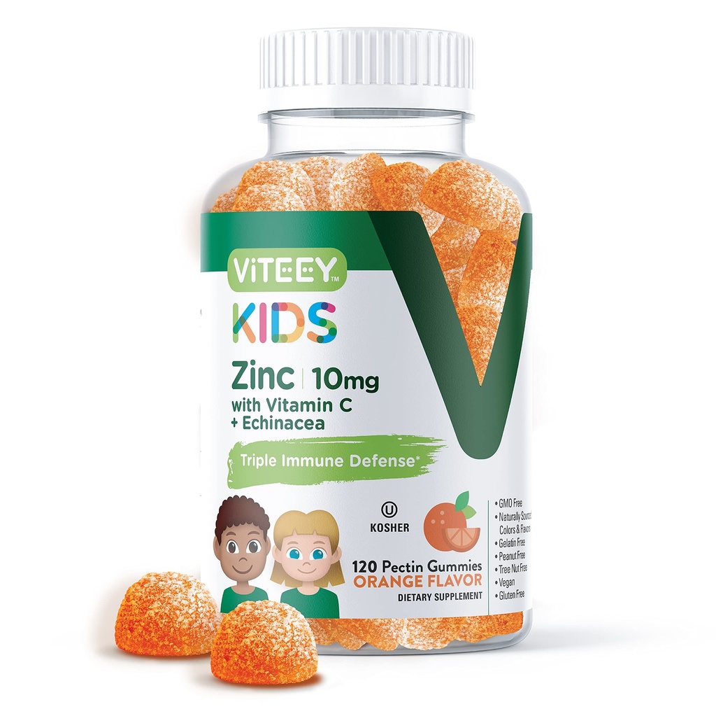 Viteey Zinc for Kids Gummies 10mg, with Vitamin C & Echinacea - Immune Support, Powerful Natural Antioxidant, Kids Zinc Vitamin Supplement - Vegan, Gelatin Free - Tasty Chewable Orange Flavor Gummy