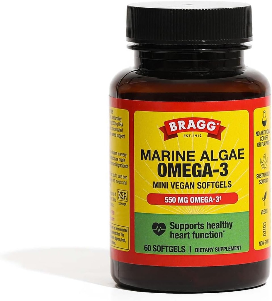 Bragg Omega-3 Συμπληρώματα κάψουλες με DHA και EPA - 60 Vegan Softgels - Βιώσιμα-Πηγή Marine Algae - Υποστηρίζει την υγεία των ματιών και του εγκεφάλου