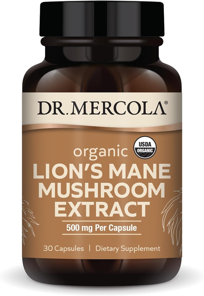 Dr. Mercola Organic Lion's Mane Mushroom Extract, 30 Capsules 500 mg Organik Lion's Mane, Non-GMO, Gluten Free, Soy Free, Soy Free