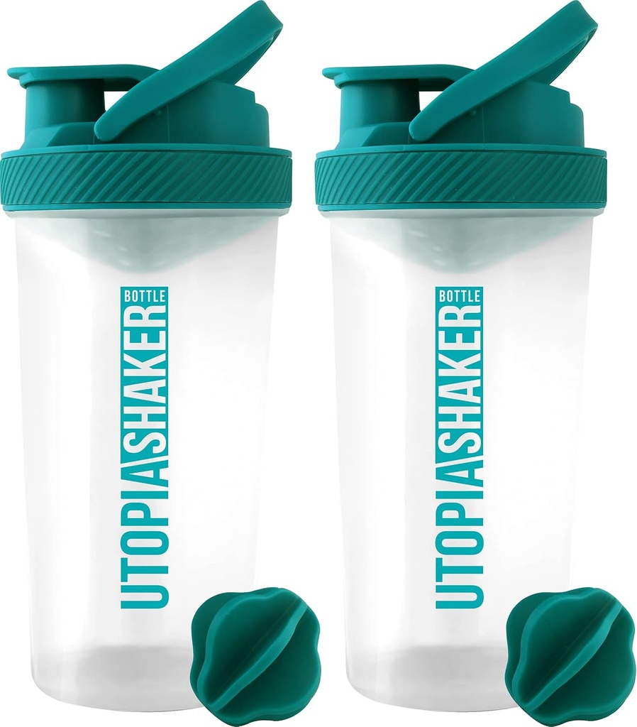 Utopia Home Protein Shaker Şişe - (Pack of 2) 28-Ounce Shaker şişeleri Protein Mixes için - Fitness Sports Classic Protein Shak Shaker Şişe (Clear/Teal)