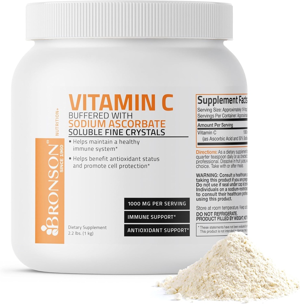 Bronson Buffered Vitamin C Toz Ascorbici Buffered ile Sodyum Ascorbate ► Fine Crystals - Sağlıklı Immune Sistemi ve Hücre Korumasını Teşvik - Güçlü Antioksi - 1 Kilogram (2.2 Lbs)