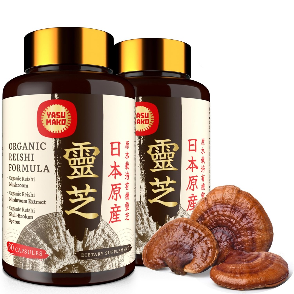 Japon Reishi Mushroom Supplement 800mg with Reishi Mushroom Extract 500 mg & Shell-Broken Sporları 200 mg,Organic Mushroom Capsules for Immune System - Real Fruiting Body (Pack of 2)