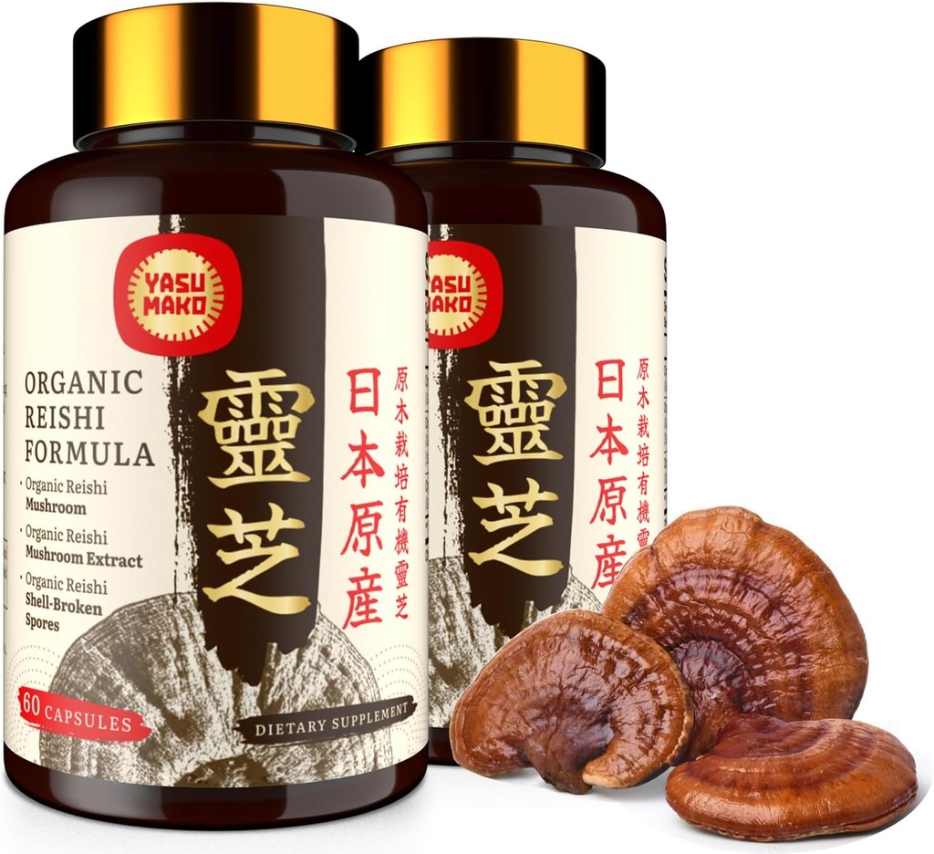 Japon Reishi Mushroom Supplement 800mg with Reishi Mushroom Extract 500 mg & Shell-Broken Sporları 200 mg,Organic Mushroom Capsules for Immune System - Real Fruiting Body (Pack of 2)