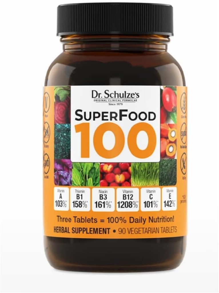 SuperFood 100 του Dr. Schulze - Everyday Superfood Supplement to Support Γενική Ευεξία - Πολυβιταμίνη Υποστήριξη για Κυτταρική Διατροφή & Ενέργεια - Καθαρά Συστατικά - Χωρίς γλουτένη & Γαλακτοκομικά - 90 Count