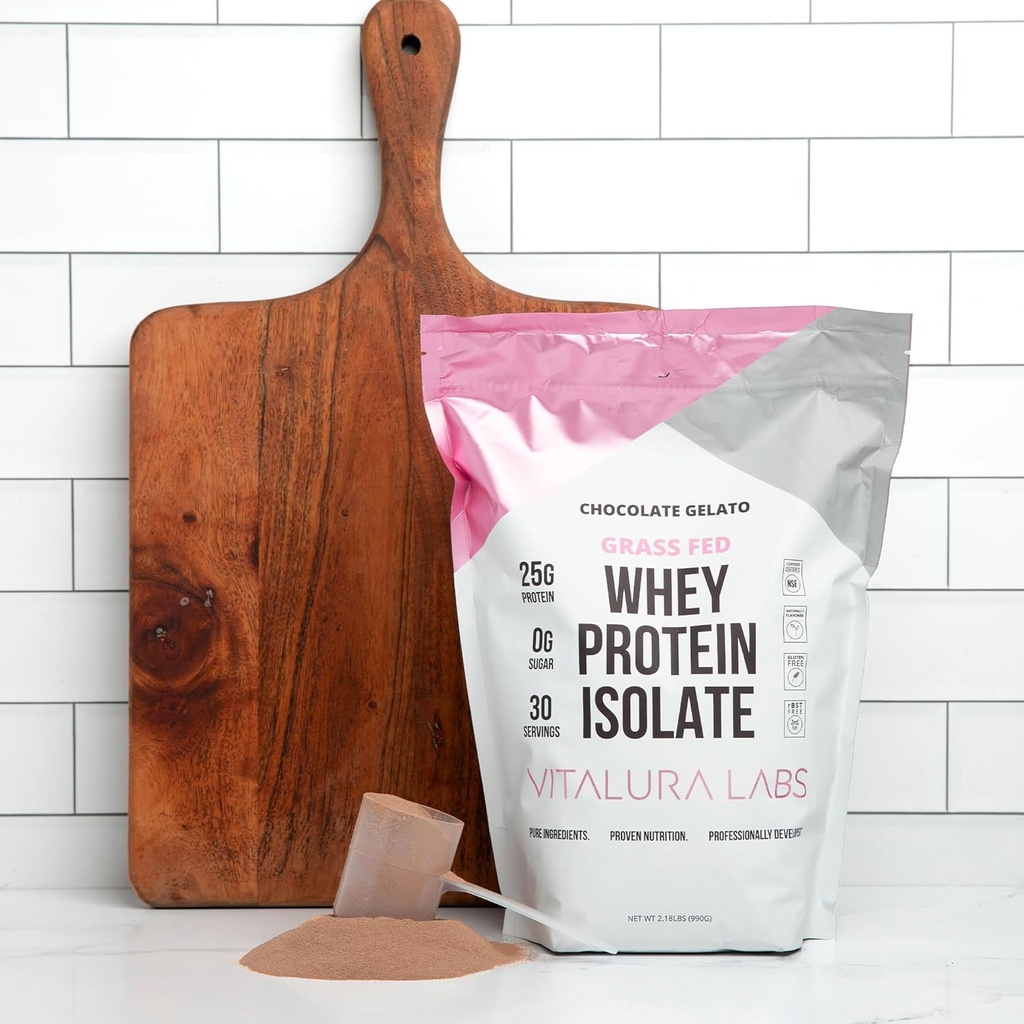 Vitalura Labs Grass-Fed Whey Protein Isolate - Protein 25g (DV 50%) Oda başına -% 100 Whey Isolate - NSF Content Sertifikalı Çikolata - Gelato Flavored - No Fillers - Easy Digesting - 30 Servisler