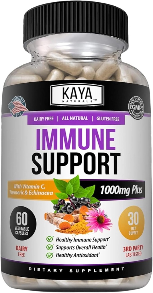Kaya Naturals Elderberry Immune Support, Elderberry with çinko and Vitamin C for Yetişkinler Vitamins, Probiyotiks & Turmeric 1000 mg Immune System Alert Sambucus Capsules - 60 Count