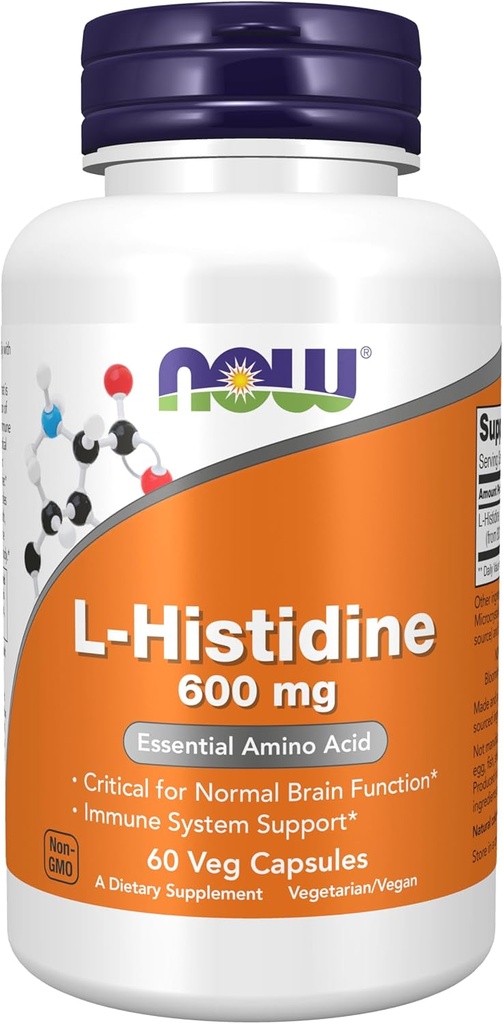 NOW Συμπληρώματα, L-Histidine 600 mg, Απαραίτητο Αμινοξύ, Κρίσιμη για τη φυσιολογική λειτουργία του εγκεφάλου *, Υποστήριξη ανοσοποιητικού συστήματος *, 60 κάψουλες Veg