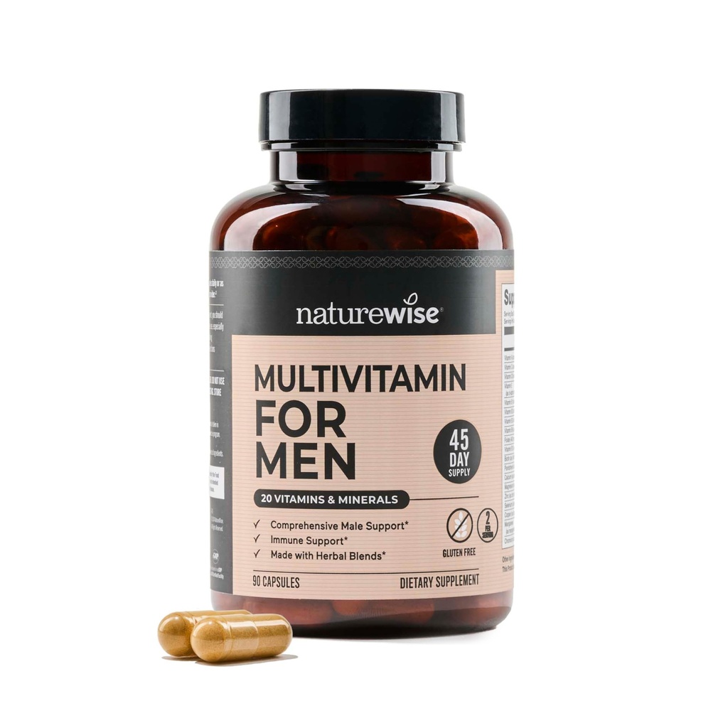 NatureWise Multivitamin for Men - Daily Male Support - Minerals & Herbs for Energy, Performance, Immunity - with Vitamin A, C, D, B-Complex - Soy & Gluten-Free, Non-GMO - 90 Capsules[45-Day Supply]