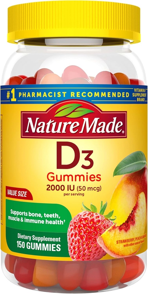 Nature Made Vitamin D3, 150 Gummies, D 2000 IU (50 mcg) Vitamin D Gummies For Yetişkinler Yardımlar Immune Health, Güçlü Bones ve Dişler ve Kas Fonksiyonlar, Günlük Değerlerin% 250'si D