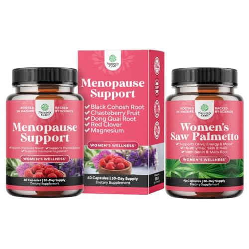 Bundle of Menopause Supplement for Night Sweats, Hot Flashes & Mood Swings with Dong Quai, Chaste Berry & Black Cohosh Root and Saw Palmetto for Women 500mg DHT Blocker with Maca Root & Biotin