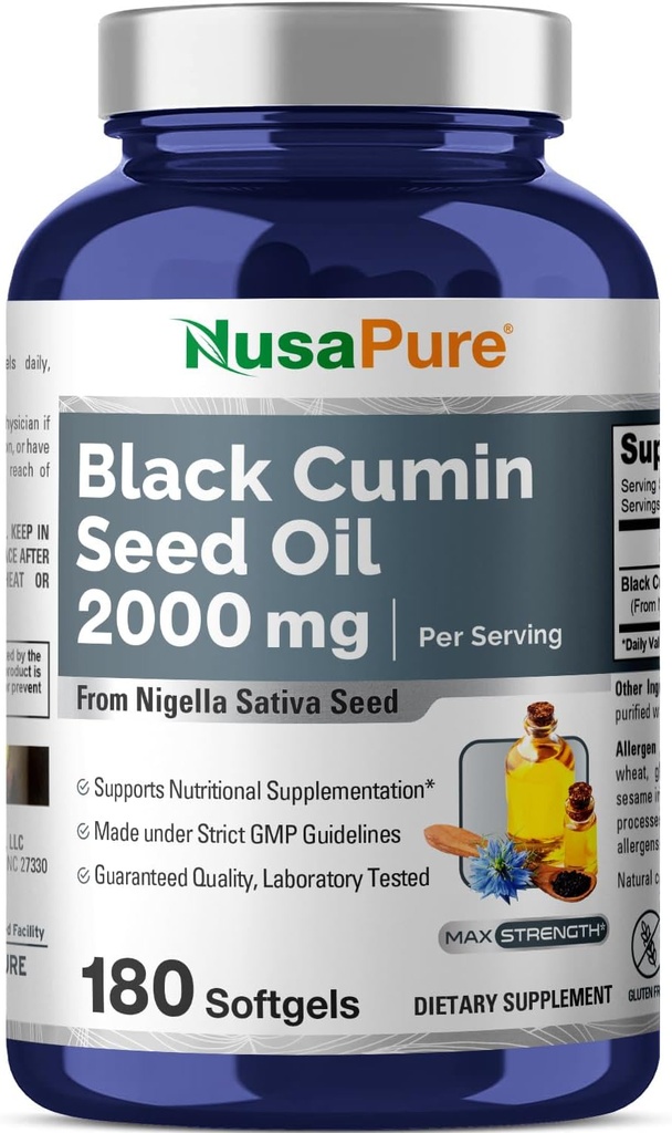 NusaPure Black Seed Oil 2000mg per Service - 180 Softgel Caps (Non-GMO, Gluten-Free) Cold-Pressed Nigella Sativa