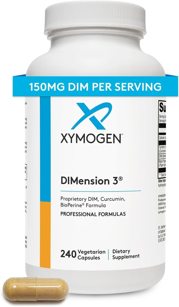 XYMOGEN Dimension 3 - Diindolylmethane DIM Supplement with Curcumin + BioPerine - Kadın ve Erkekler için Sağlıklı Estrogen Detox, Hormonal Denge - Menopause Relief + PMS Support (240 Capsules)