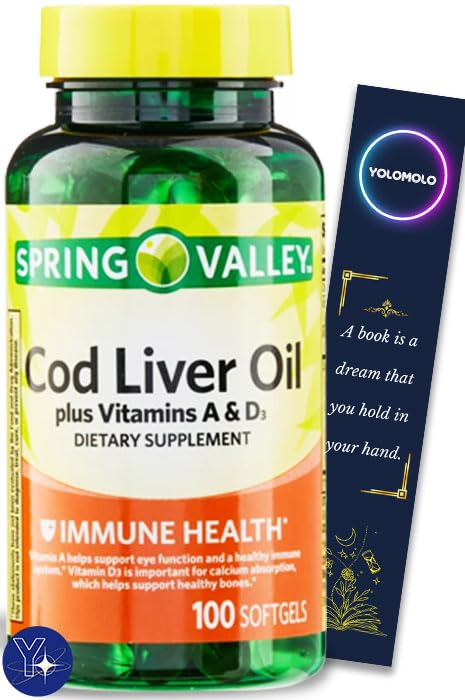 Cod Liver Oil Plus Vitaminleri A & D3 Immune Health Diyetary Supplement Softgels Spring Valley, 100 Count ve Bookmark Hediye YOLOMOLO