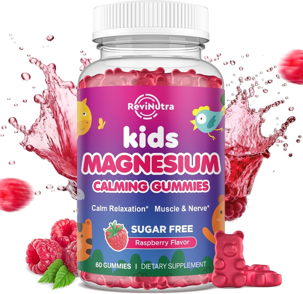 Çocuklar için Magnezyum Gummies, Magnezyum Glycinate Gummies, L-Theanine, Chamomile, Licorice, Vitamin D, B6 Uyku, Rahatlama, Beyin & Kas, Sugar Free Raspberry 60ct