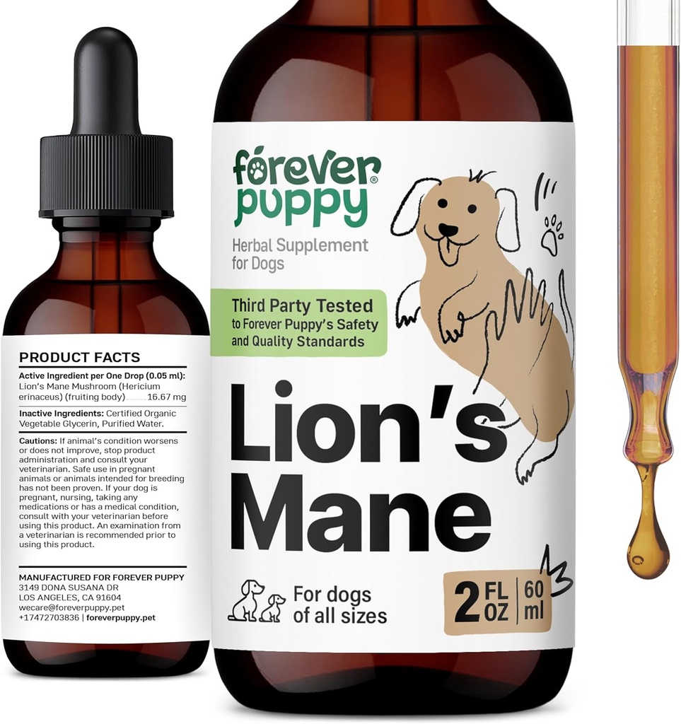 Forever Puppy Lions Mane Mushroom Supplement for Dogs - Brain & Focus Support - Liquid Lion's Mane Mushroom for Dogs - Βιταμίνες και συμπληρώματα κυνικών - Ζάχαρη & Αλκοόλ-Free Drops - 2 fl oz