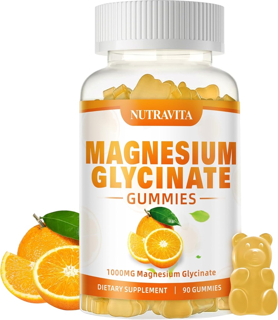 Magnezyum Glycinate Gummies 1000 mg with Magnezyum L-Threonate,Chelated Magnezyum Pyum Kompleksi VitD, B6, CoQ10, Macau, Supports for Memory, Calm, Mood - 90 Gummies Orange