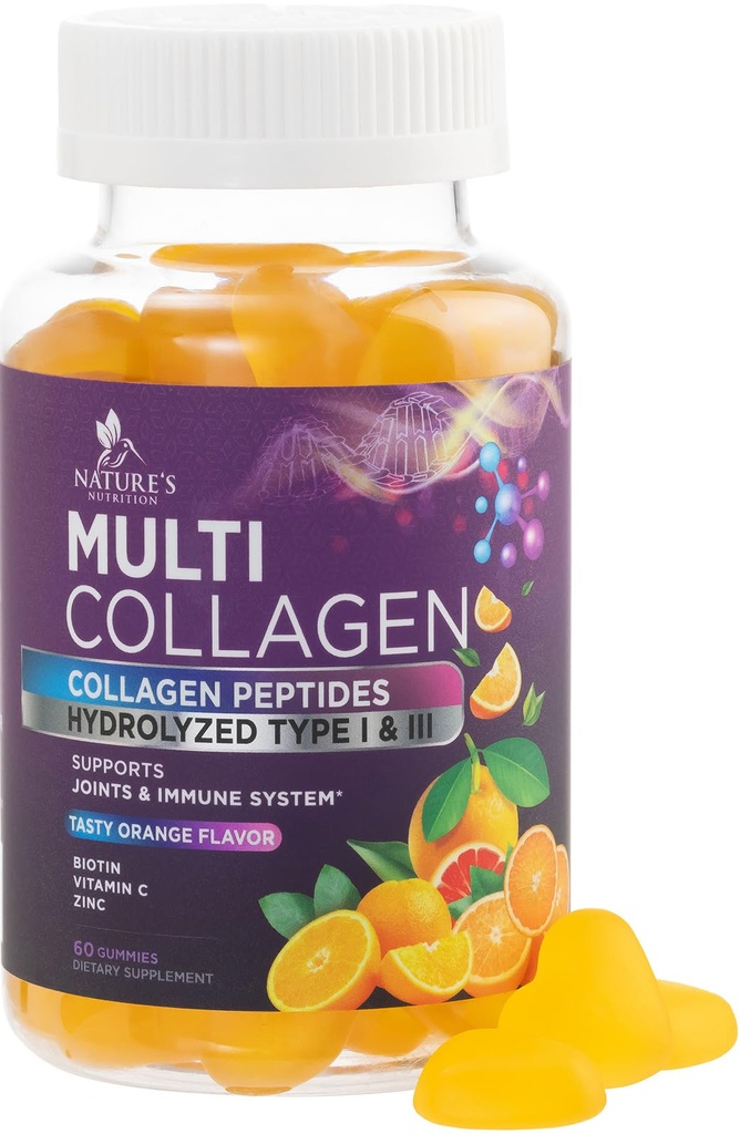 Κολαγόνο Peptides Gummies με 2500 mcg Βιοτίνη - Υδρολυμένη Πρωτεΐνη Τύπος I & III Πολλαπλό συμπλήρωμα κολλαγόνου με βιταμίνη C & ψευδάργυρο - Υποστήριξη για τα μαλλιά, το δέρμα, τα νύχια, γεύση πορτοκάλι - 60 Gummies