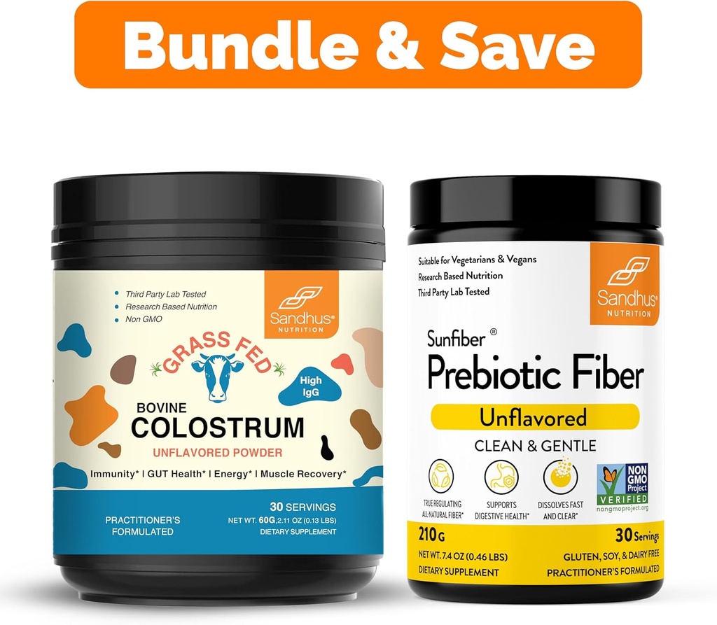 Sandhu's Pure Bovine Colostrum Toz Supplement for Humans 30 Services & Prebiyotik Fiber Supplement Toz| Supports Immune, Gut, Digestive & Colon Health