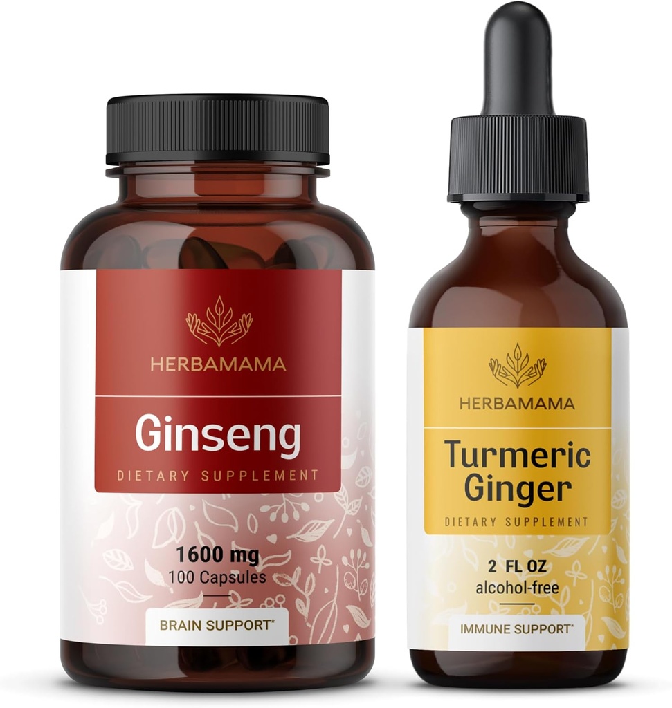 HERBAMAMA Kore Red BTC ve Turmeric Ginger Kit - Kore Panax BTC Capsules & Turmeric Ginger Liquid Drops - Vegan, Non-GMO, Sugar & Alkol Free - 2 Pack