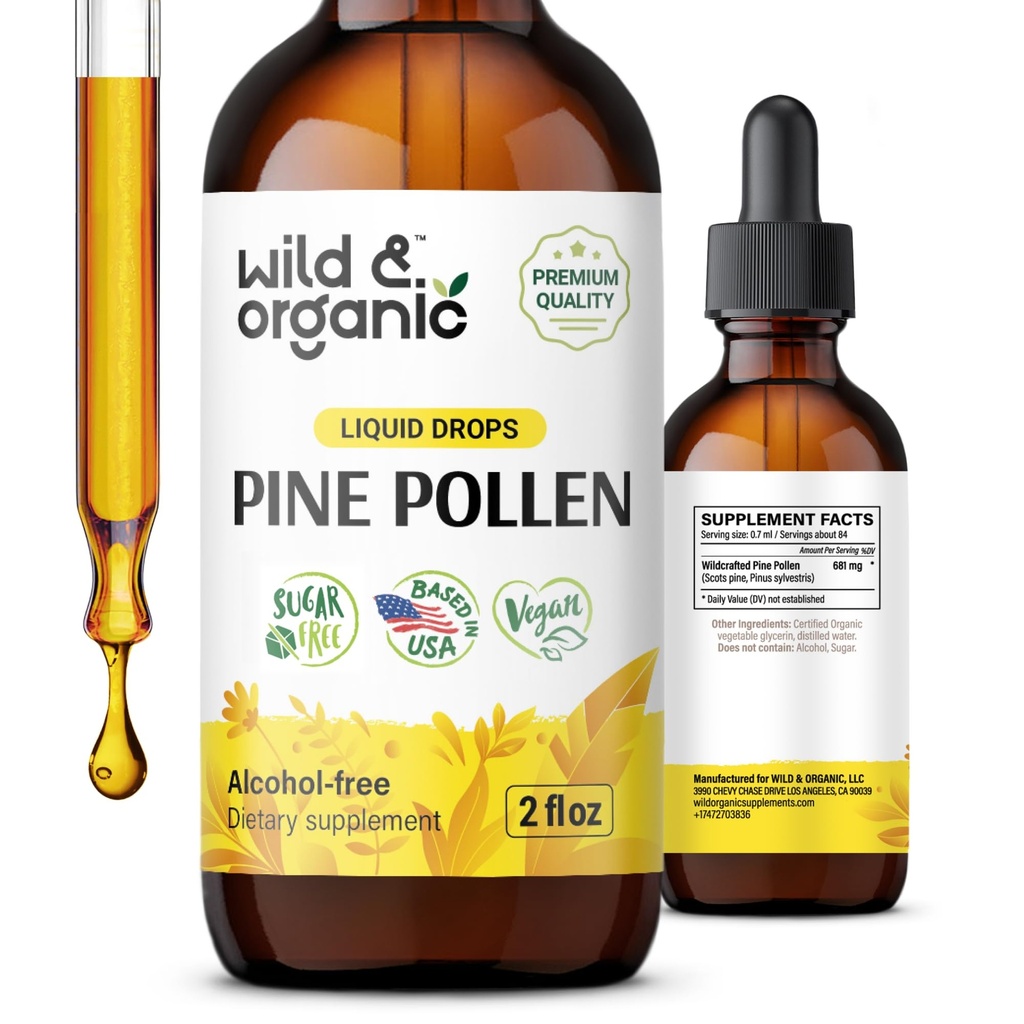 Άγρια & οργανικά Pine Pollen Βάμμα - Αντιοξειδωτικό & Ανοσοποιητική Υποστήριξη - Pine Pollen Extract Drops - Vegan, Ζάχαρη & Αλκοόλ-ελεύθερο συμπλήρωμα υγρού - 2 fl oz