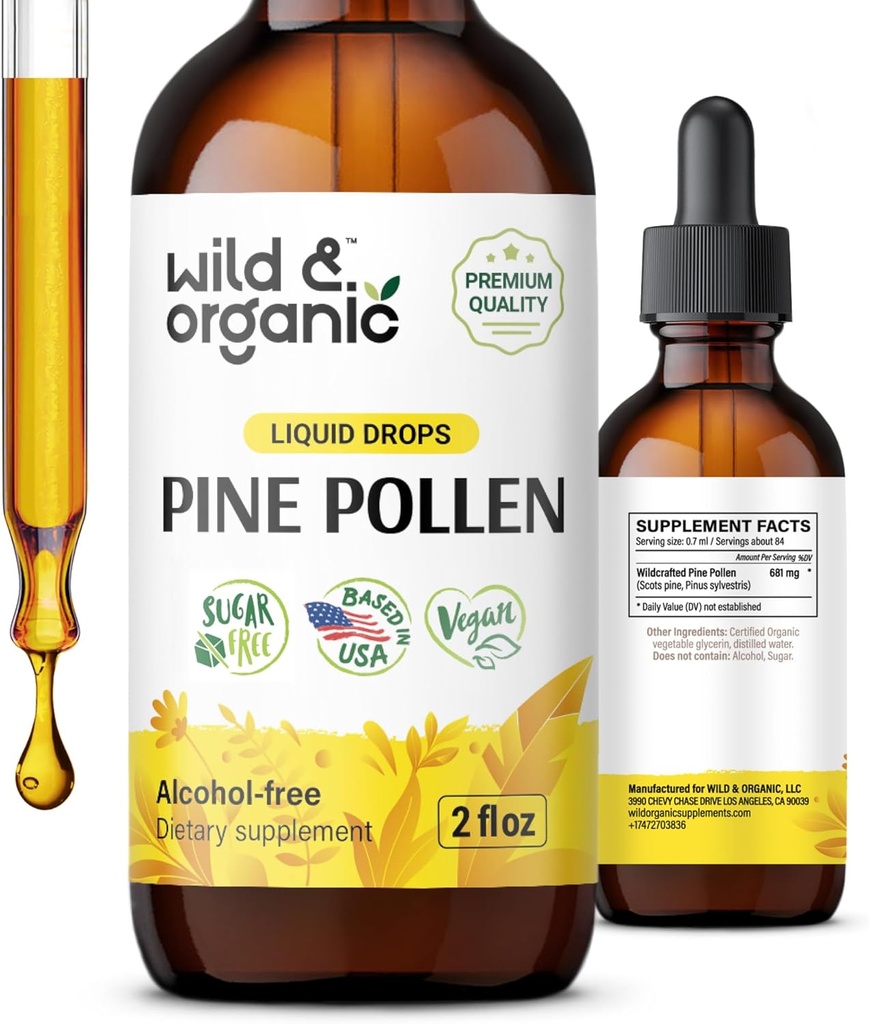Wild & Organic Pine Pollen Tincture - Antioksi & Immune Support - Pine Pollen Extract Drops - Vegan, Sugar & Alkol-Free Liquid Supplement - 2 fl ozz