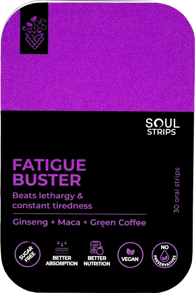Soul Strips Fatigue Buster - Ginseng, Maca, Πράσινος καφές, ενεργειακός ενισχυτής, μειώνει την ψυχική & σωματική κόπωση, γρήγορη απορρόφηση, μικτή γεύση μούρων, Travel-Friendly, 30 Fast-Dissolving Strips Pack