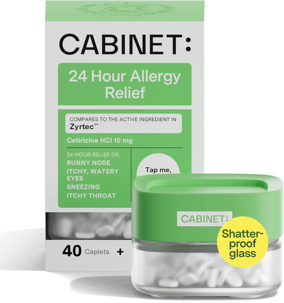 Cabinet: Allday Allergy Relief Cetirizine 10mg για την ανακούφιση της μη υπνηλίας από τα κοινά συμπτώματα της αλλεργίας (Refillable Glass Jar)