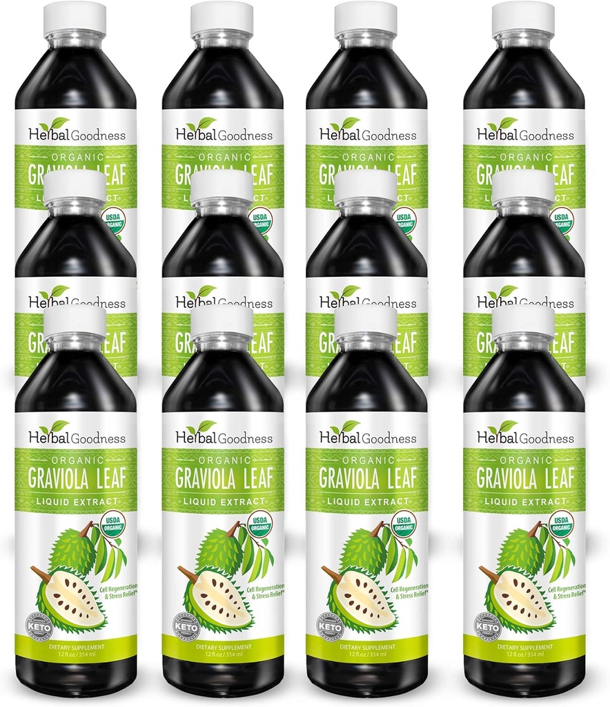 Herbal Goodness Graviola Leaf Extract 15X Strength - Soursop (Guanabana) Sıvı USDA Organik Non-GMO Kosher Hücre Desteği & Rejenerasyon & Stres Yardımı Immune Boost 12(12oz) btls