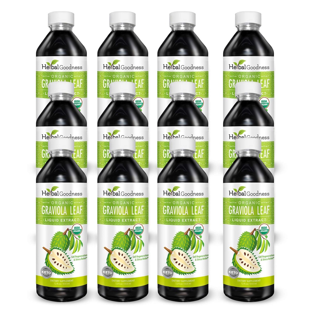 Herbal Goodness Graviola Leaf Extract 15X Strength - Soursop (Guanabana) Sıvı USDA Organik Non-GMO Kosher Hücre Desteği & Rejenerasyon & Stres Yardımı Immune Boost 12(12oz) btls
