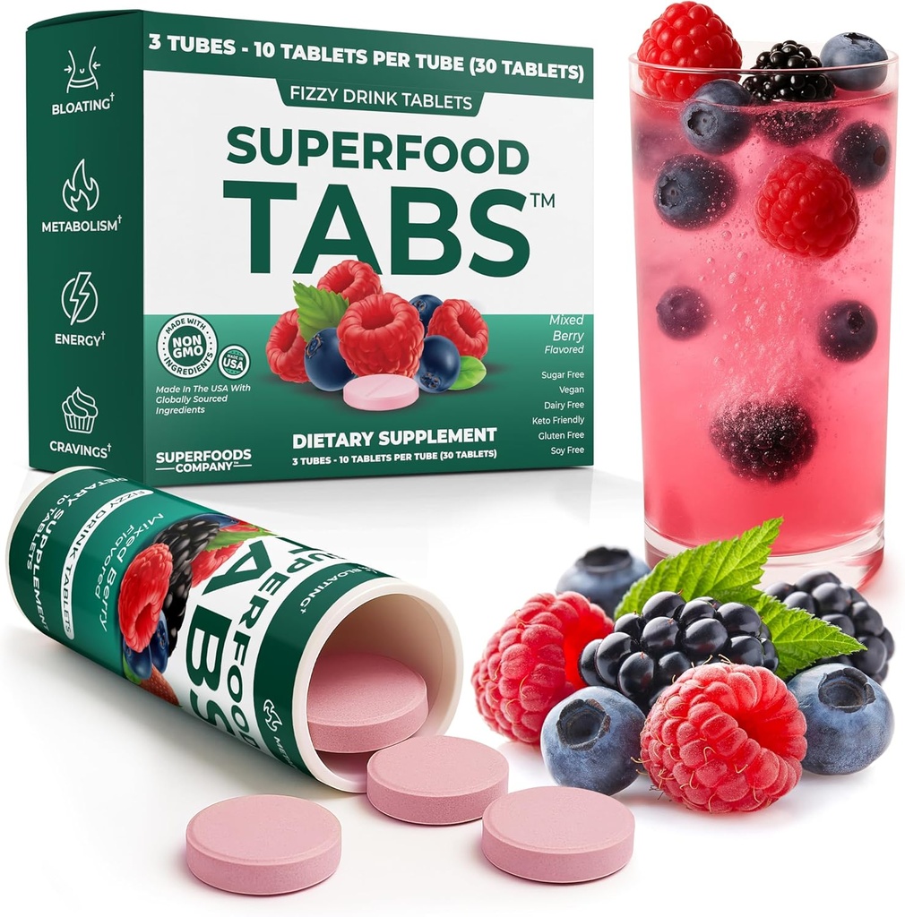 Superfood Tabs Superfoods Company Detox Cleanse Drink - Συμπλήρωμα για γυναίκες & άνδρες- Υποστήριξη Υγιεινού βάρους- Βελτίωση της Digestive Υγείας & Ανακούφιση Μπλοκάρισμα - Μεικτό άρωμα μούρου [30 δισκία]